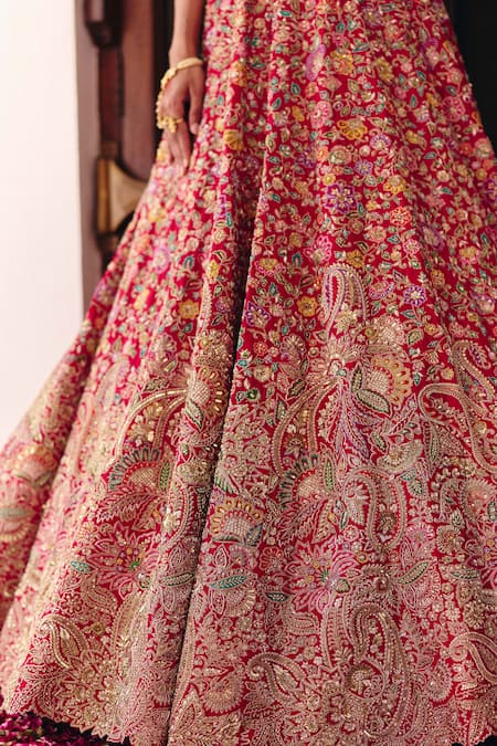 Buy_Mrunalini Rao_Red Silk, Organza Zari, Pearls, Tarangini Paisley Bagh Bridal Lehenga Set _Online_at_Aza_Fashions