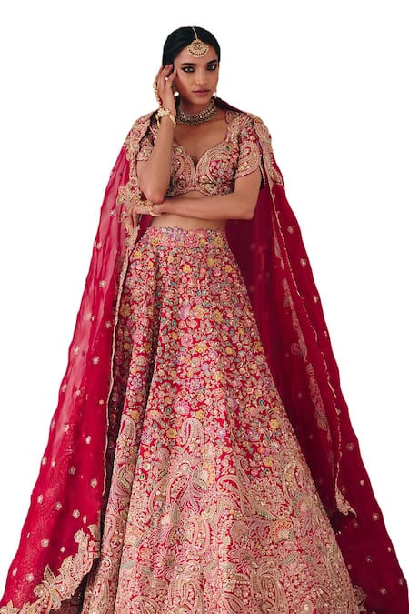 Shop_Mrunalini Rao_Red Silk, Organza Zari, Pearls, Tarangini Paisley Bagh Bridal Lehenga Set _Online_at_Aza_Fashions