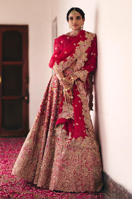 Buy_Mrunalini Rao_Red Silk, Organza Zari, Pearls, Tarangini Paisley Bagh Bridal Lehenga Set 