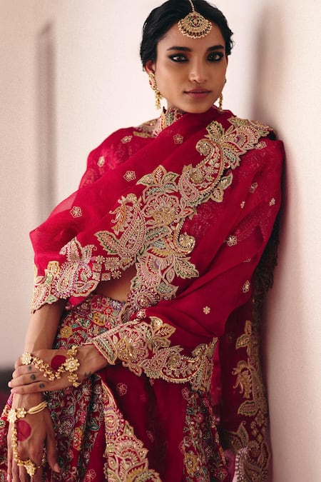 Shop_Mrunalini Rao_Red Silk, Organza Zari, Pearls, Tarangini Paisley Bagh Bridal Lehenga Set 