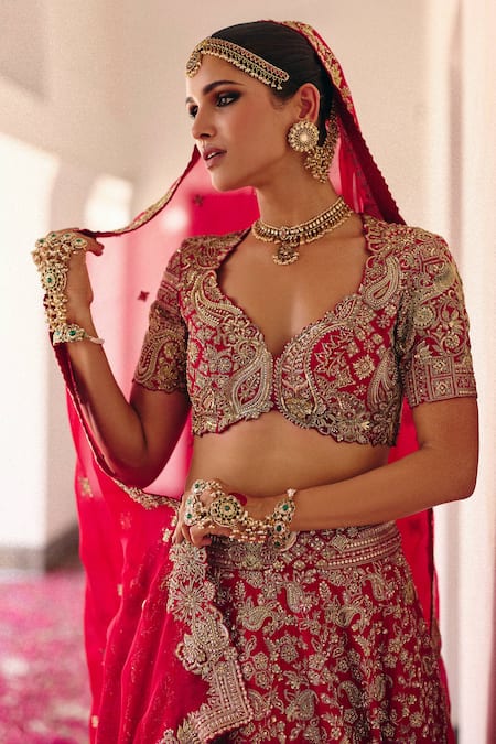 Shop Mrunalini Rao Red Silk, Organza Zari, Pearls Vryata Mor Bagh Embroidered Bridal Lehenga Set at Aza Fashions Shop_Mrunalini Rao_Red Silk, Organza Zari, Pearls Vryata Mor Bagh Embroidered Bridal Lehenga Set _at_Aza_Fashions