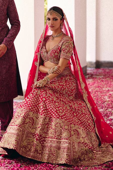 Mrunalini Rao Red Silk, Organza Zari, Pearls Vryata Mor Bagh Embroidered Bridal Lehenga Set Online at Aza Fashions Mrunalini Rao_Red Silk, Organza Zari, Pearls Vryata Mor Bagh Embroidered Bridal Lehenga Set _Online_at_Aza_Fashions