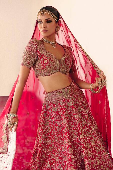 Shop Mrunalini Rao Red Silk, Organza Zari, Pearls Vryata Mor Bagh Embroidered Bridal Lehenga Set Online at Aza Fashions Shop_Mrunalini Rao_Red Silk, Organza Zari, Pearls Vryata Mor Bagh Embroidered Bridal Lehenga Set _Online_at_Aza_Fashions
