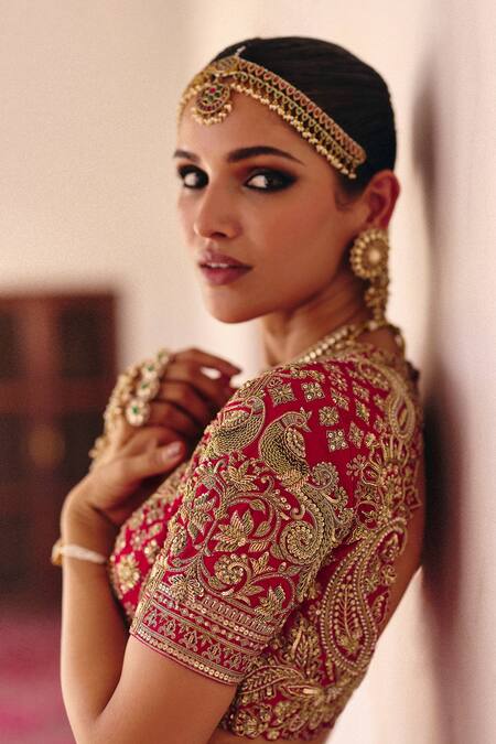 Mrunalini Rao Red Silk, Organza Zari, Pearls Vryata Mor Bagh Embroidered Bridal Lehenga Set at Aza Fashions Mrunalini Rao_Red Silk, Organza Zari, Pearls Vryata Mor Bagh Embroidered Bridal Lehenga Set _at_Aza_Fashions