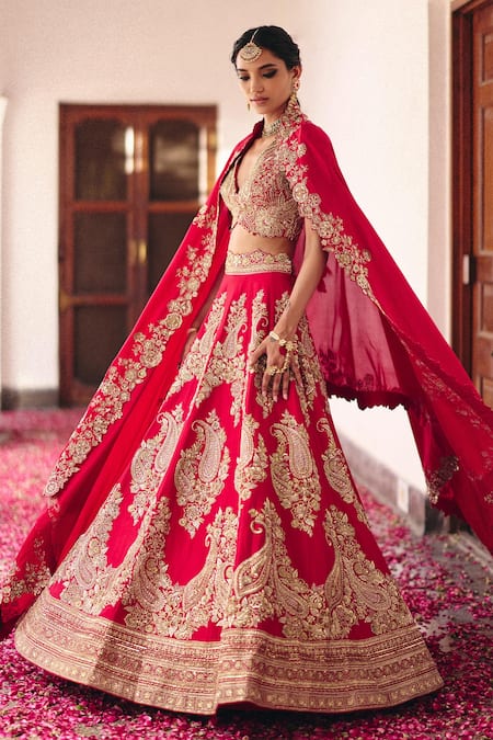 Shop Mrunalini Rao Red Silk Embroidery, Zari V-neck Urja Mosaic Flora Bridal Lehenga Set at Aza Fashions Shop_Mrunalini Rao_Red Silk Embroidery, Zari V-neck Urja Mosaic Flora Bridal Lehenga Set _at_Aza_Fashions