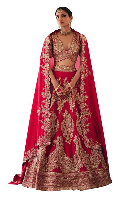 Mrunalini Rao Red Silk Embroidery, Zari V-neck Urja Mosaic Flora Bridal Lehenga Set Online at Aza Fashions Mrunalini Rao_Red Silk Embroidery, Zari V-neck Urja Mosaic Flora Bridal Lehenga Set _Online_at_Aza_Fashions