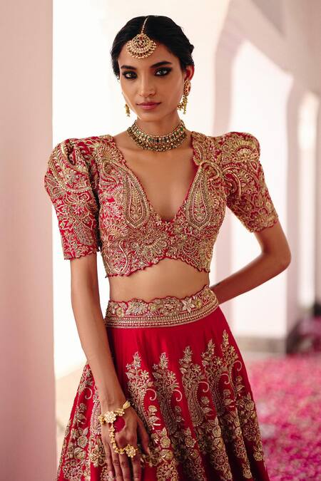 Buy Mrunalini Rao Red Silk Embroidery, Zari V-neck Urja Mosaic Flora Bridal Lehenga Set Online at Aza Fashions Buy_Mrunalini Rao_Red Silk Embroidery, Zari V-neck Urja Mosaic Flora Bridal Lehenga Set _Online_at_Aza_Fashions
