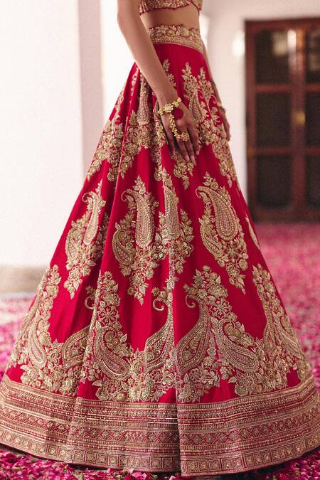 Mrunalini Rao Red Silk Embroidery, Zari V-neck Urja Mosaic Flora Bridal Lehenga Set at Aza Fashions Mrunalini Rao_Red Silk Embroidery, Zari V-neck Urja Mosaic Flora Bridal Lehenga Set _at_Aza_Fashions