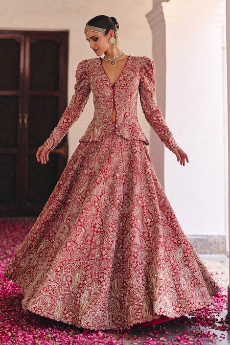 Shop_Mrunalini Rao_Red , Chanderi Naavah Kashmiri Bloom Embroidered Jacket With Lehenga _at_Aza_Fashions