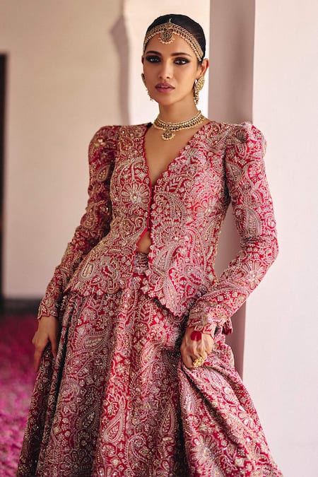 Mrunalini Rao_Red , Chanderi Naavah Kashmiri Bloom Embroidered Jacket With Lehenga _Online_at_Aza_Fashions