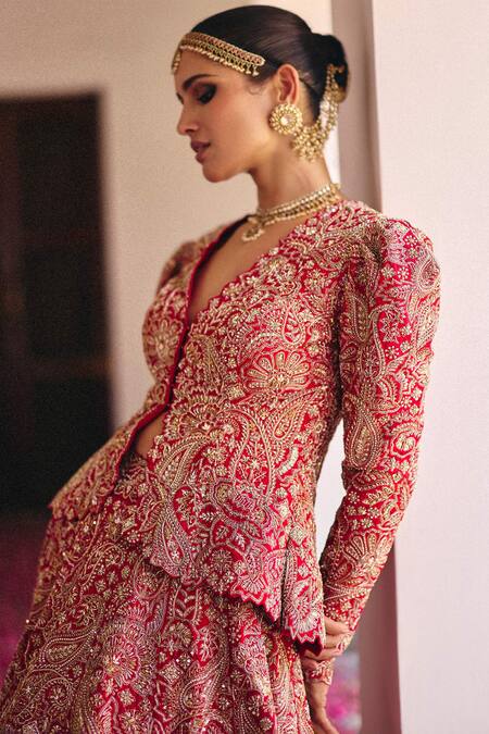 Buy_Mrunalini Rao_Red , Chanderi Naavah Kashmiri Bloom Embroidered Jacket With Lehenga _Online_at_Aza_Fashions