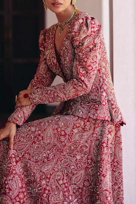 Shop_Mrunalini Rao_Red , Chanderi Naavah Kashmiri Bloom Embroidered Jacket With Lehenga _Online_at_Aza_Fashions