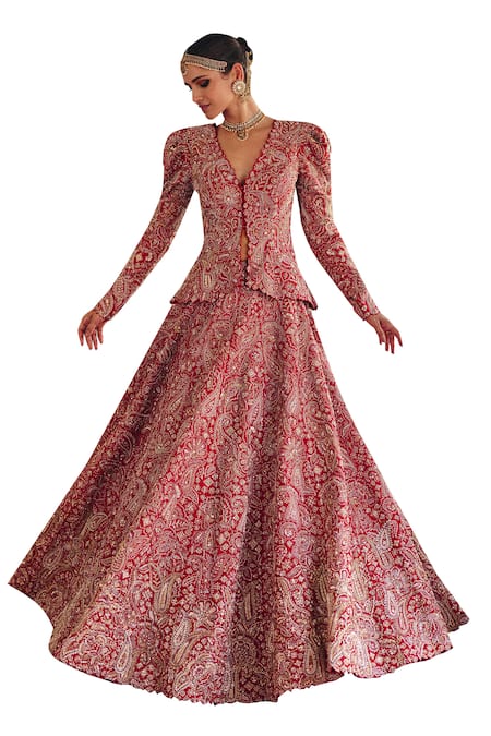 Buy_Mrunalini Rao_Red , Chanderi Naavah Kashmiri Bloom Embroidered Jacket With Lehenga 
