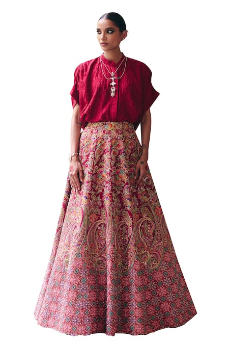 Mrunalini Rao Maroon Silk Pearls, Zari Evara Chiming Bloom Embroidered Lehenga With Shirt Online at Aza Fashions Mrunalini Rao_Maroon Silk Pearls, Zari Evara Chiming Bloom Embroidered Lehenga With Shirt _Online_at_Aza_Fashions