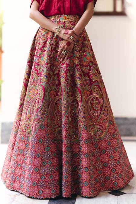 Buy Mrunalini Rao Maroon Silk Pearls, Zari Evara Chiming Bloom Embroidered Lehenga With Shirt Online at Aza Fashions Buy_Mrunalini Rao_Maroon Silk Pearls, Zari Evara Chiming Bloom Embroidered Lehenga With Shirt _Online_at_Aza_Fashions