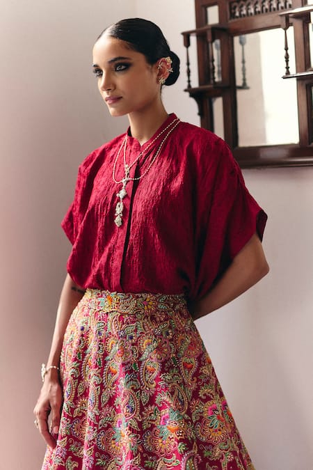 Shop Mrunalini Rao Maroon Silk Pearls, Zari Evara Chiming Bloom Embroidered Lehenga With Shirt Online at Aza Fashions Shop_Mrunalini Rao_Maroon Silk Pearls, Zari Evara Chiming Bloom Embroidered Lehenga With Shirt _Online_at_Aza_Fashions