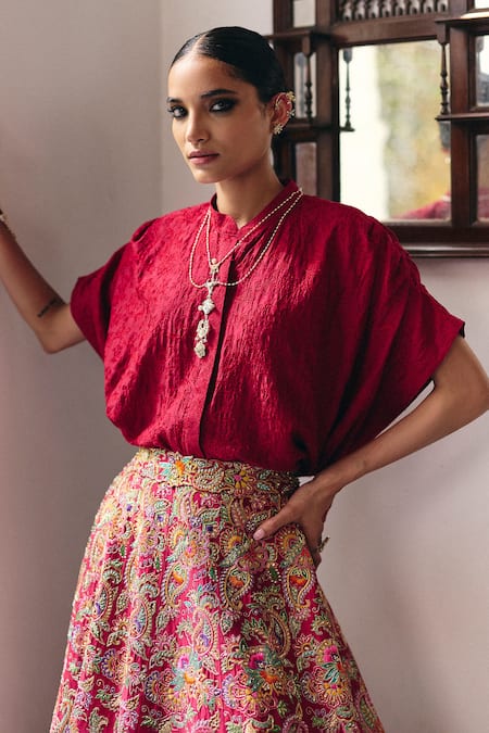 Mrunalini Rao Maroon Silk Pearls, Zari Evara Chiming Bloom Embroidered Lehenga With Shirt at Aza Fashions Mrunalini Rao_Maroon Silk Pearls, Zari Evara Chiming Bloom Embroidered Lehenga With Shirt _at_Aza_Fashions
