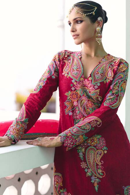 Buy Mrunalini Rao Maroon Silk, Organza Embroidery V-neck Ipsa Paisley Fleur Kurta Pant Set Online at Aza Fashions Buy_Mrunalini Rao_Maroon Silk, Organza Embroidery V-neck Ipsa Paisley Fleur Kurta Pant Set _Online_at_Aza_Fashions
