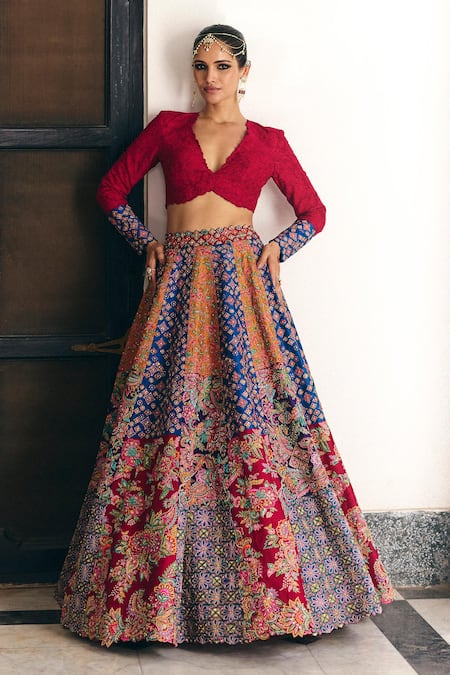 Shop_Mrunalini Rao_Multi Color Silk Embroidery, Pearls, Sarga Carnival Bloom Patchwork Lehenga Set _at_Aza_Fashions