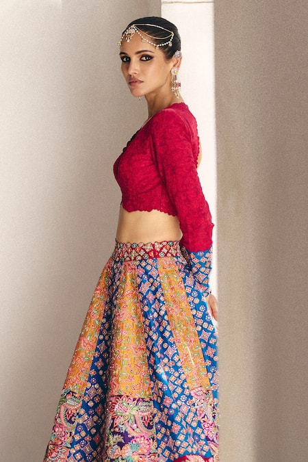 Buy_Mrunalini Rao_Multi Color Silk Embroidery, Pearls, Sarga Carnival Bloom Patchwork Lehenga Set _Online_at_Aza_Fashions