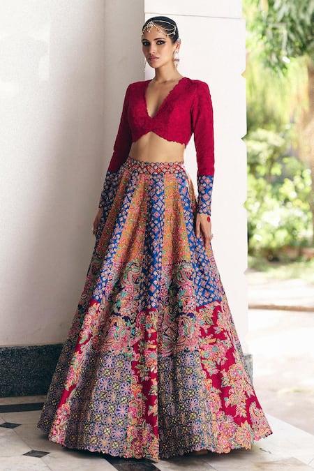Shop_Mrunalini Rao_Multi Color Silk Embroidery, Pearls, Sarga Carnival Bloom Patchwork Lehenga Set _Online_at_Aza_Fashions