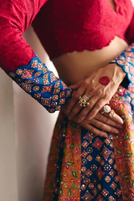 Buy_Mrunalini Rao_Multi Color Silk Embroidery, Pearls, Sarga Carnival Bloom Patchwork Lehenga Set 