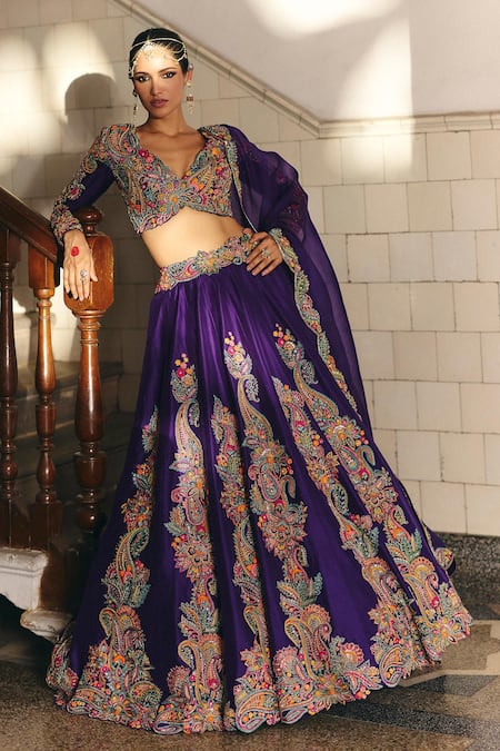 Mrunalini Rao Purple Blouse Raw Silk Embroidery Bhaavi Paisley Blossom Bridal Lehenga Set 