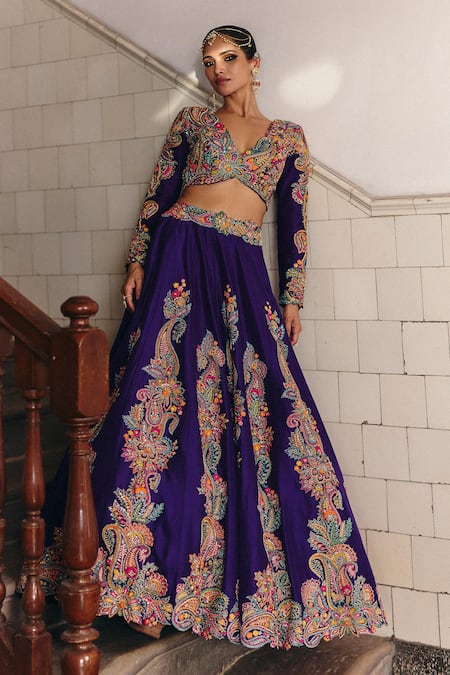 Shop Mrunalini Rao Purple Silk, Organza Embroidery, Bhaavi Paisley Blossom Bridal Lehenga Set at Aza Fashions Shop_Mrunalini Rao_Purple Silk, Organza Embroidery, Bhaavi Paisley Blossom Bridal Lehenga Set _at_Aza_Fashions