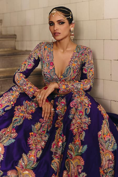 Shop Mrunalini Rao Purple Silk, Organza Embroidery, Bhaavi Paisley Blossom Bridal Lehenga Set Online at Aza Fashions Shop_Mrunalini Rao_Purple Silk, Organza Embroidery, Bhaavi Paisley Blossom Bridal Lehenga Set _Online_at_Aza_Fashions