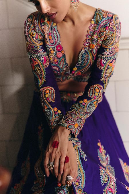 Buy Mrunalini Rao Purple Silk, Organza Embroidery, Bhaavi Paisley Blossom Bridal Lehenga Set Buy_Mrunalini Rao_Purple Silk, Organza Embroidery, Bhaavi Paisley Blossom Bridal Lehenga Set