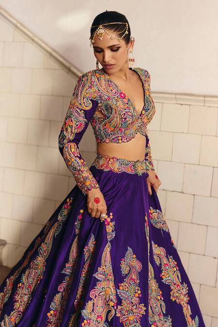 Shop Mrunalini Rao Purple Silk, Organza Embroidery, Bhaavi Paisley Blossom Bridal Lehenga Set Shop_Mrunalini Rao_Purple Silk, Organza Embroidery, Bhaavi Paisley Blossom Bridal Lehenga Set