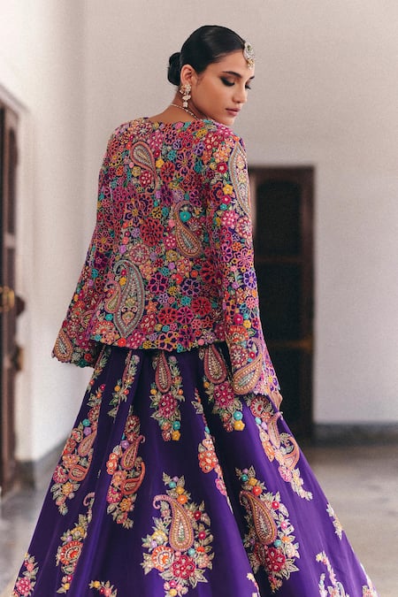 Shop_Mrunalini Rao_Purple Silk Zari, Pearls, Embroidery Hruksha Ornate Bloom Lehenga With Jacket _at_Aza_Fashions
