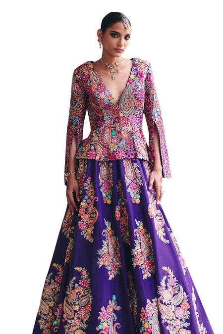 Buy_Mrunalini Rao_Purple Silk Zari, Pearls, Embroidery Hruksha Ornate Bloom Lehenga With Jacket _Online_at_Aza_Fashions