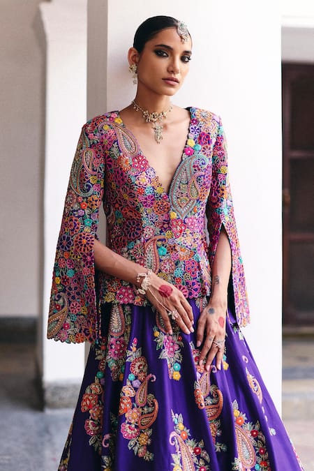 Shop_Mrunalini Rao_Purple Silk Zari, Pearls, Embroidery Hruksha Ornate Bloom Lehenga With Jacket _Online_at_Aza_Fashions