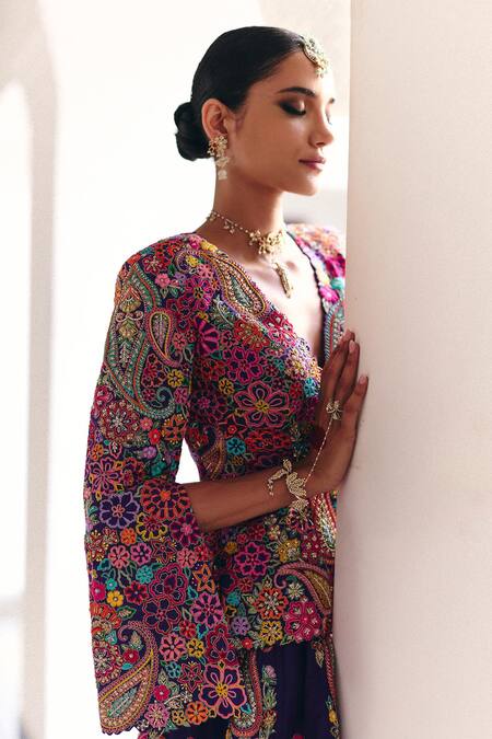 Buy_Mrunalini Rao_Purple Silk Zari, Pearls, Embroidery Hruksha Ornate Bloom Lehenga With Jacket 
