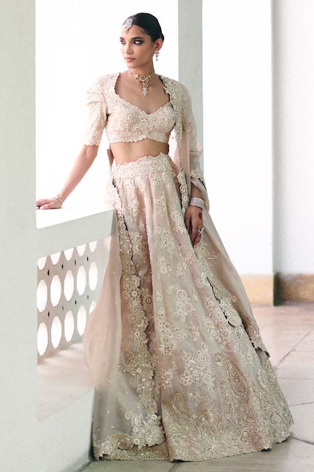 Shop Mrunalini Rao Ivory Silk, Organza Pearls, Zari Sweetheart Dakshayani Embroidered Lehenga Set at Aza Fashions Shop_Mrunalini Rao_Ivory Silk, Organza Pearls, Zari Sweetheart Dakshayani Embroidered Lehenga Set _at_Aza_Fashions