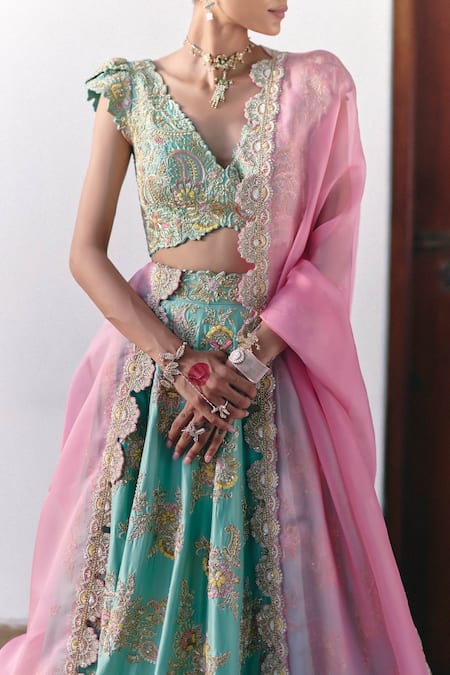 Shop Mrunalini Rao Green Silk, Organza Pearls, Embroidery, Zari Plunge Neck Astika Lehenga Set at Aza Fashions Shop_Mrunalini Rao_Green Silk, Organza Pearls, Embroidery, Zari Plunge Neck Astika Lehenga Set _at_Aza_Fashions