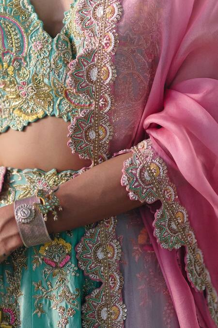 Mrunalini Rao Green Silk, Organza Pearls, Embroidery, Zari Plunge Neck Astika Lehenga Set Online at Aza Fashions Mrunalini Rao_Green Silk, Organza Pearls, Embroidery, Zari Plunge Neck Astika Lehenga Set _Online_at_Aza_Fashions