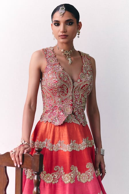 Shop_Mrunalini Rao_Orange Silk Pearls, Zari, Embroidery V-neck Akshi Waistcoat And Lehenga Set _at_Aza_Fashions