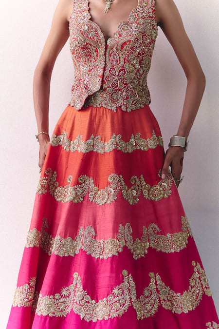 Buy_Mrunalini Rao_Orange Silk Pearls, Zari, Embroidery V-neck Akshi Waistcoat And Lehenga Set _Online_at_Aza_Fashions