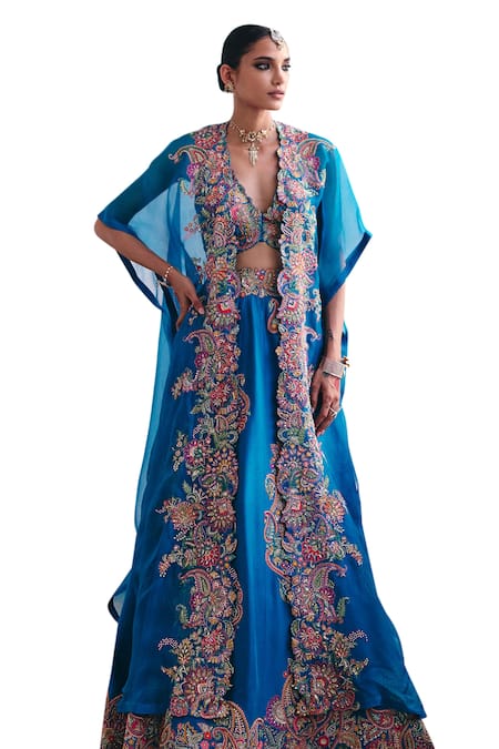 Buy Mrunalini Rao Blue Silk Embroidery, Pearls, Zari Plunge Neck Ekam Cape Lehenga Set Online at Aza Fashions Buy_Mrunalini Rao_Blue Silk Embroidery, Pearls, Zari Plunge Neck Ekam Cape Lehenga Set _Online_at_Aza_Fashions