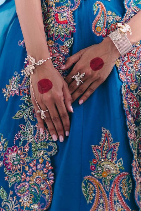 Shop Mrunalini Rao Blue Silk Embroidery, Pearls, Zari Plunge Neck Ekam Cape Lehenga Set Online at Aza Fashions Shop_Mrunalini Rao_Blue Silk Embroidery, Pearls, Zari Plunge Neck Ekam Cape Lehenga Set _Online_at_Aza_Fashions