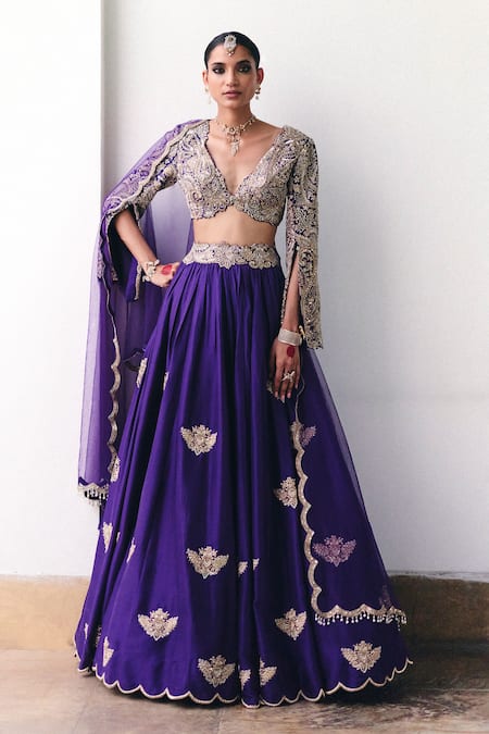 Shop Mrunalini Rao Purple Silk, Organza Pearls, Zari Plunge Neck Hruskha Embroidered Lehenga Set at Aza Fashions Shop_Mrunalini Rao_Purple Silk, Organza Pearls, Zari Plunge Neck Hruskha Embroidered Lehenga Set _at_Aza_Fashions