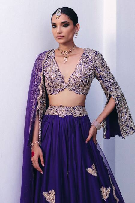 Mrunalini Rao Purple Silk, Organza Pearls, Zari Plunge Neck Hruskha Embroidered Lehenga Set at Aza Fashions Mrunalini Rao_Purple Silk, Organza Pearls, Zari Plunge Neck Hruskha Embroidered Lehenga Set _at_Aza_Fashions