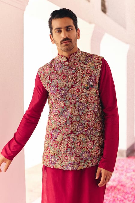 Mrunalini Rao_Maroon Silk Pearls, Zari, Embroidery Bundi Kurta Set _Online_at_Aza_Fashions