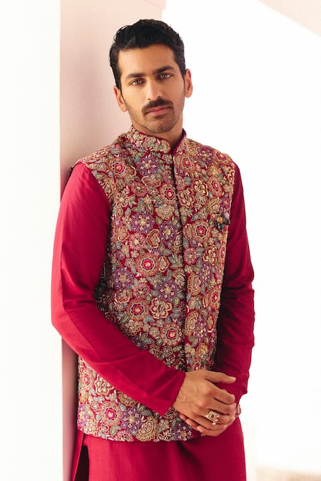 Buy_Mrunalini Rao_Maroon Silk Pearls, Zari, Embroidery Bundi Kurta Set _Online_at_Aza_Fashions