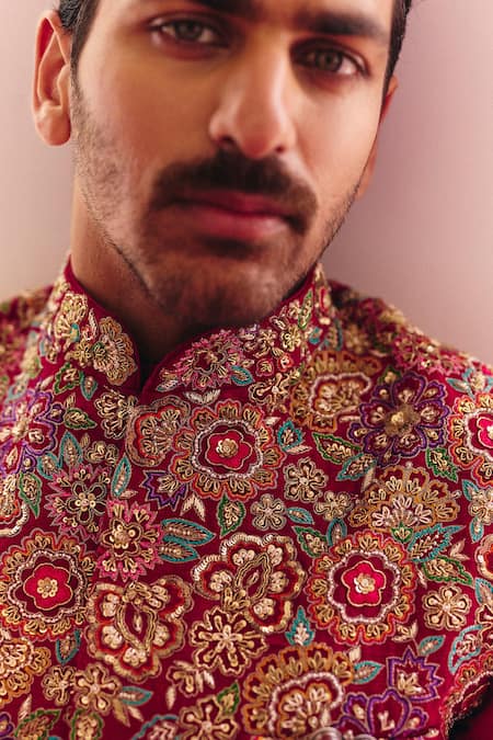 Shop_Mrunalini Rao_Maroon Silk Pearls, Zari, Embroidery Bundi Kurta Set _Online_at_Aza_Fashions