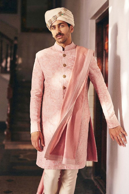 Shop_Mrunalini Rao_Peach Silk Embroidery Adyan Paisley Sherwani Set _at_Aza_Fashions