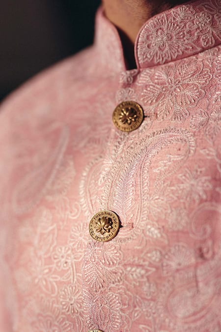 Mrunalini Rao_Peach Silk Embroidery Adyan Paisley Sherwani Set _Online_at_Aza_Fashions