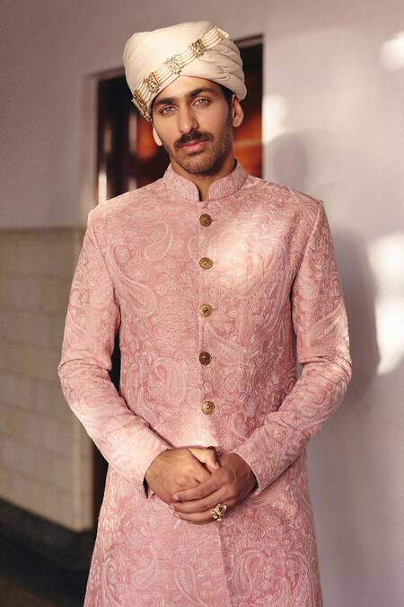 Buy_Mrunalini Rao_Peach Silk Embroidery Adyan Paisley Sherwani Set _Online_at_Aza_Fashions